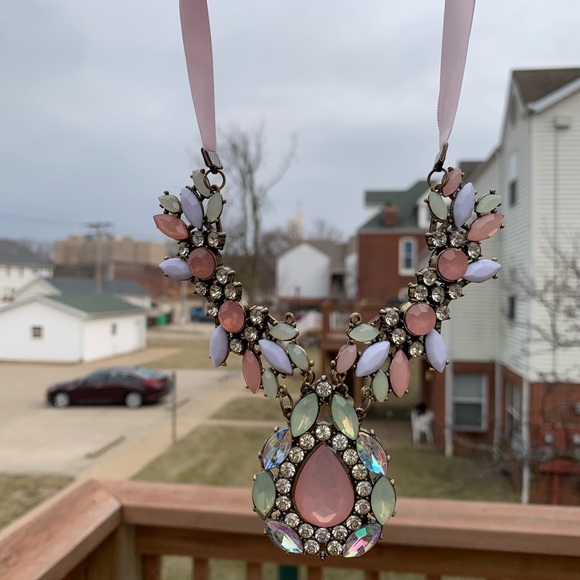 Pink Green White Jeweled Teardrop Necklace - Picture 7 of 8